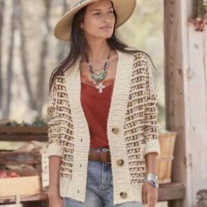 BOUNDLESS NORTH SUNDANCE CHUNKY TAN BROWN COLORFUL CARDIGAN LG BUTTON SWEATER -